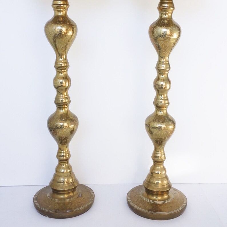 Huge Etched Brass Floor Candlesticks Vintage Pair Altar Etsy