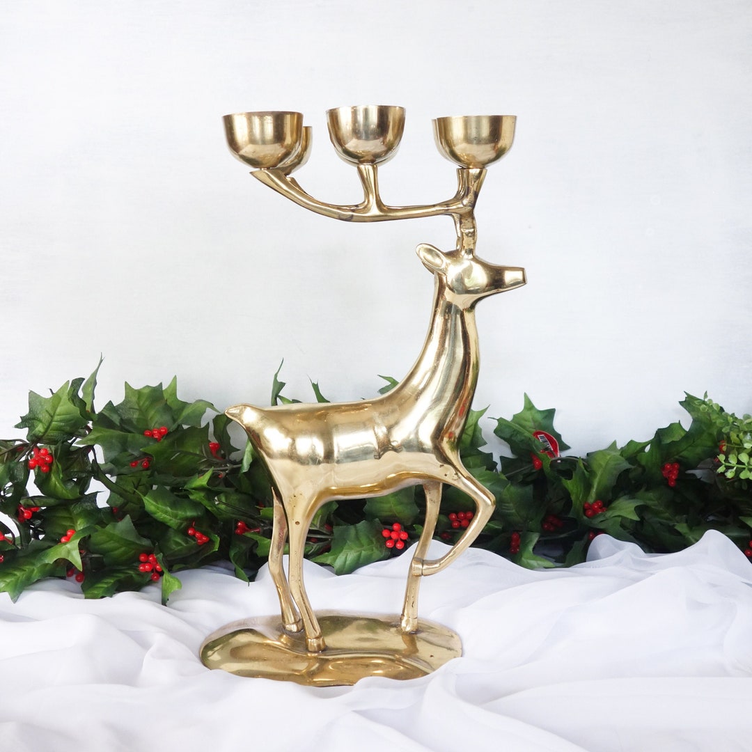 Large Brass Reindeer Candle Holder Mid Century Deer Votive Etsy