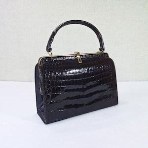 Bolso vintage de piel de caimán auténtica, bolso Bellestone negro, cierre de presión dorado, correa de piel, estilo Hollywood Glam