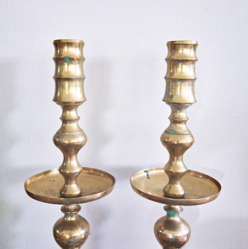 Large Brass Floor Candlesticks Vintage Pair Altar Candle Etsy