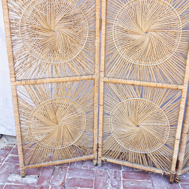 Vintage Rattan Sunburst Room Screen Mid Century Boho 3 Panel Etsy