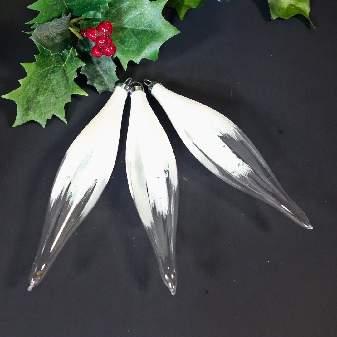 Vintage Snowcap Teardrop Glass Christmas Ornaments, Set of Three Clear, Retro Hand Blown
