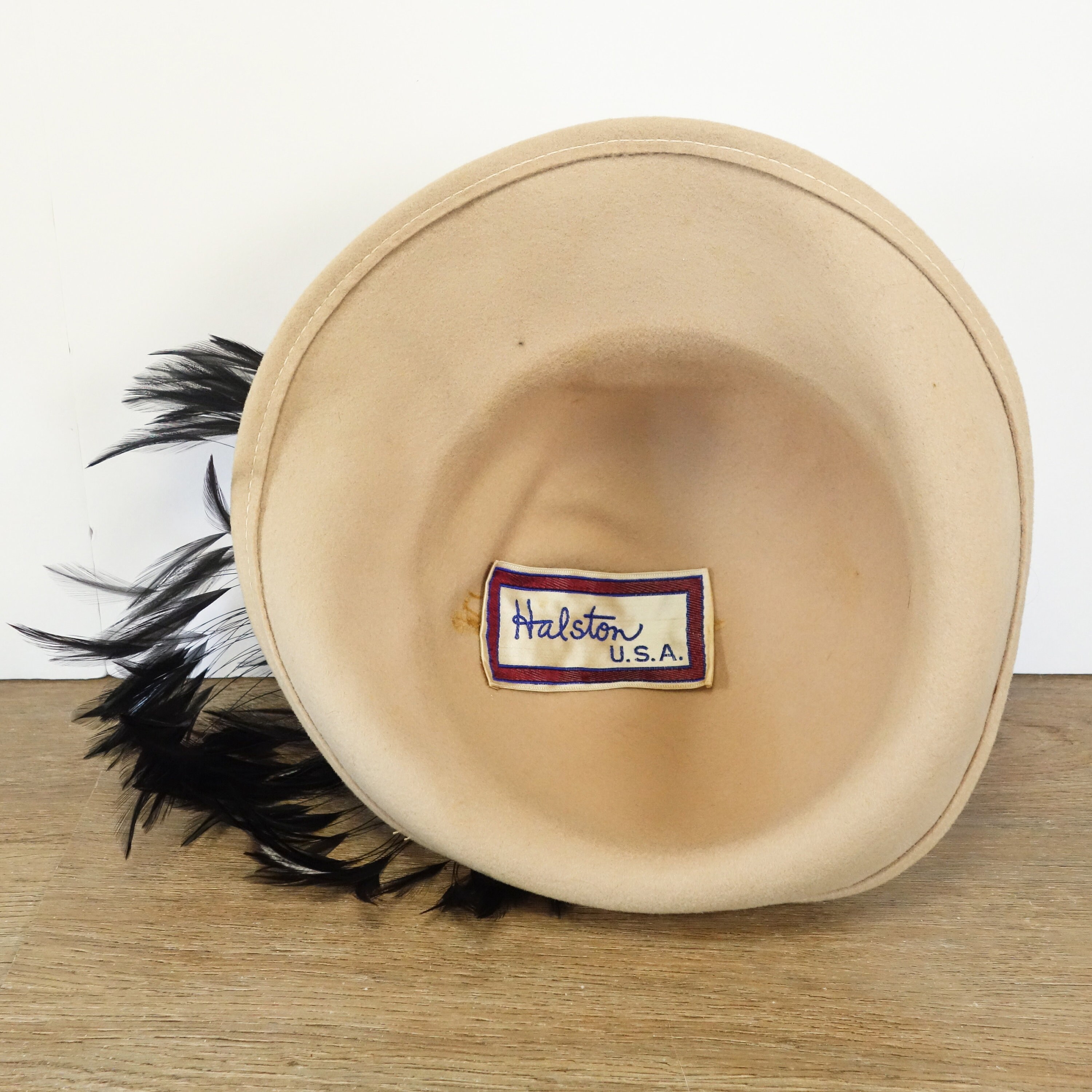 Vintage Halston Ladies Fedora Hat, Felted Wool Feathers 