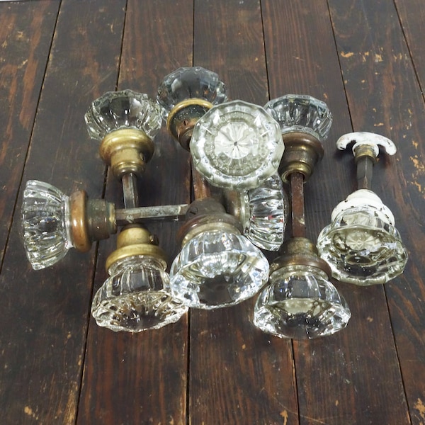 Your Choice Antique Glass Door Knobs, 12 point or Octagonal, Singles or Sets, Brass Crystal Door Hardware, Architectural Salvage
