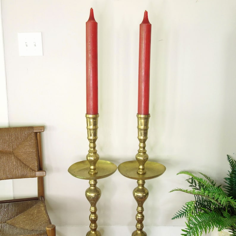 Large 36 Brass Floor Candlesticks Vintage Pair Altar Etsy