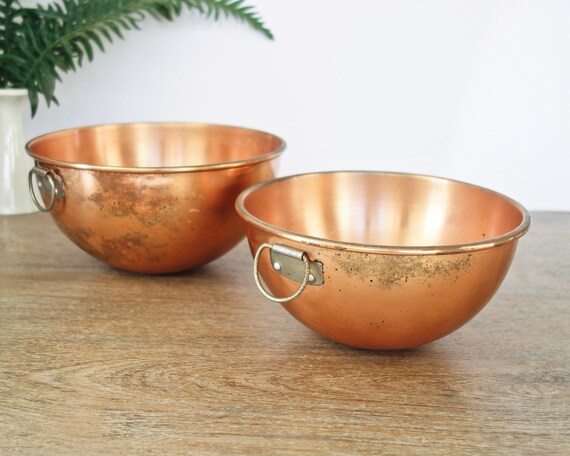 Vintage Copper Mixing Bowls, Pair Farmhouse Kitchenware, Rolled