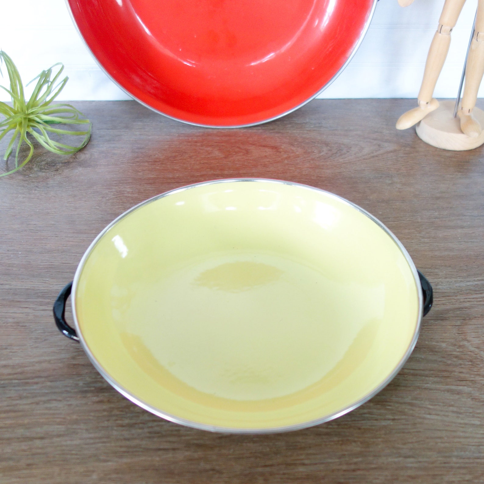 Vintage Enamel Pan Set Retro Enameled Paella Pan Red Yellow Etsy