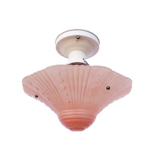 Art Deco Three Chain Light Fixture, Coral Glass Shade, Beaded Chain, Vintage Semi Flush Ceiling Light, Home Renovation Restoration