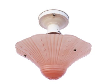 Art Deco Three Chain Light Fixture, Coral Glass Shade, Beaded Chain, Vintage Semi Flush Ceiling Light, Home Renovation Restoration