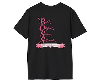 Bold Self-Made Script Tee | Vertical Pink Script with Floral Accents