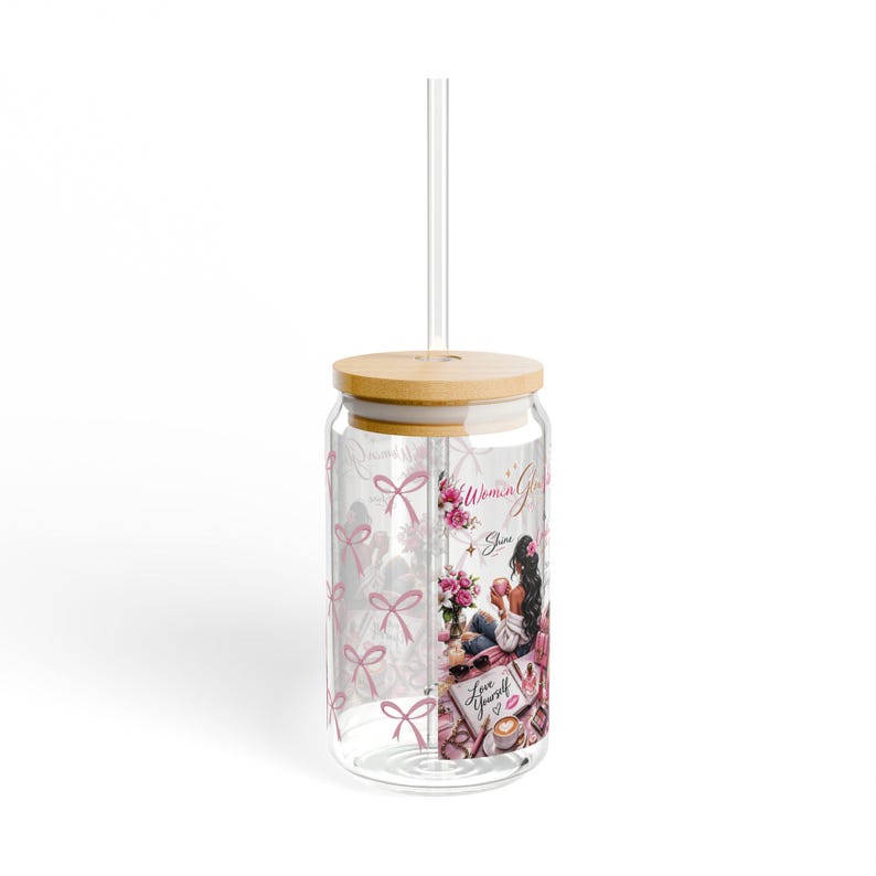Pink Bow Pattern Sipper Glass 16oz | Bamboo Push Lid or Lid-free ...