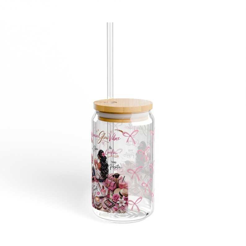 Pink Bow Pattern Sipper Glass 16oz | Bamboo Push Lid or Lid-free ...