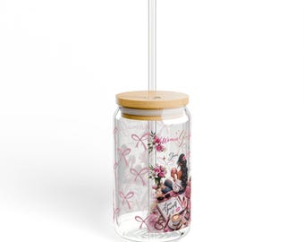 Pink Bow Pattern Sipper Glass 16oz | Bamboo Push Lid or Lid-Free, Tritan Straw