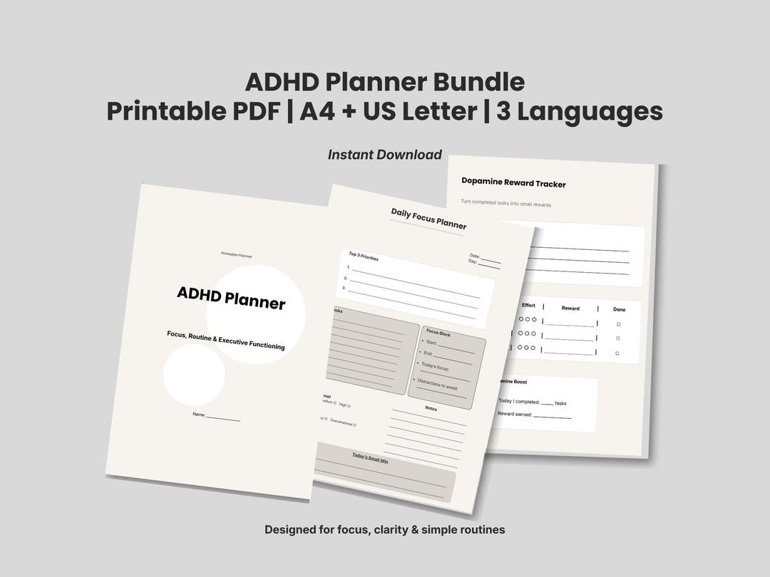 ADHD Planner Printable Bundle | Daily Focus, Brain Dump, Task Breakdown ...