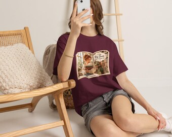 Cozy Book Lover T-Shirt: Vintage Cat & Books Design, 100% Cotton Tee