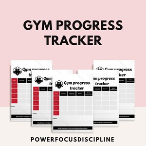 Könnte beinhalten: Eine Sammlung weißer Gym Progress Tracker-Blätter mit roten und schwarzen Akzenten. Die Blätter haben Abschnitte zur Fortschrittsverfolgung, mit den Worten "Gym Progress Tracker" oben. Der Satz "Small steps every day create big transformations" steht unten.