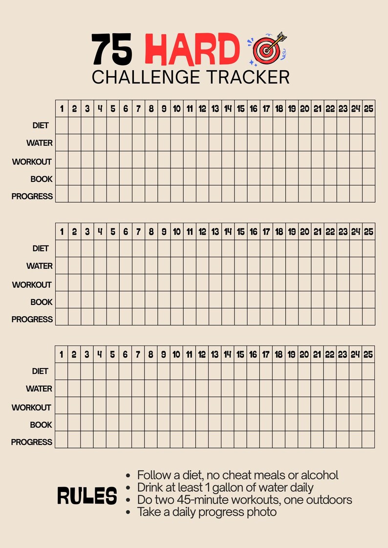 75 Hard Challenge Tracker Printable, Daily Checklist Template, Habit ...