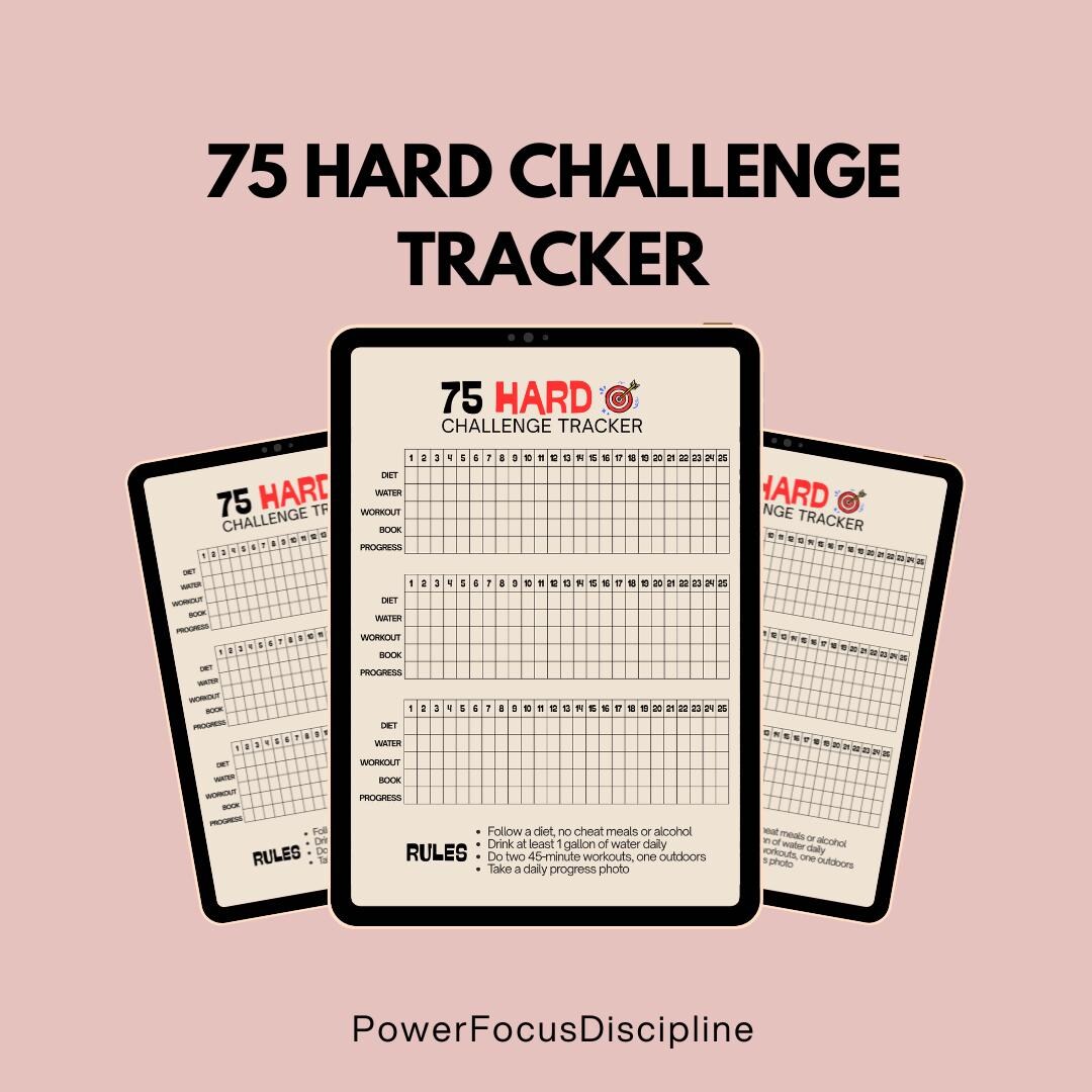 75 Hard Challenge Tracker Printable, Daily Checklist Template, Habit ...