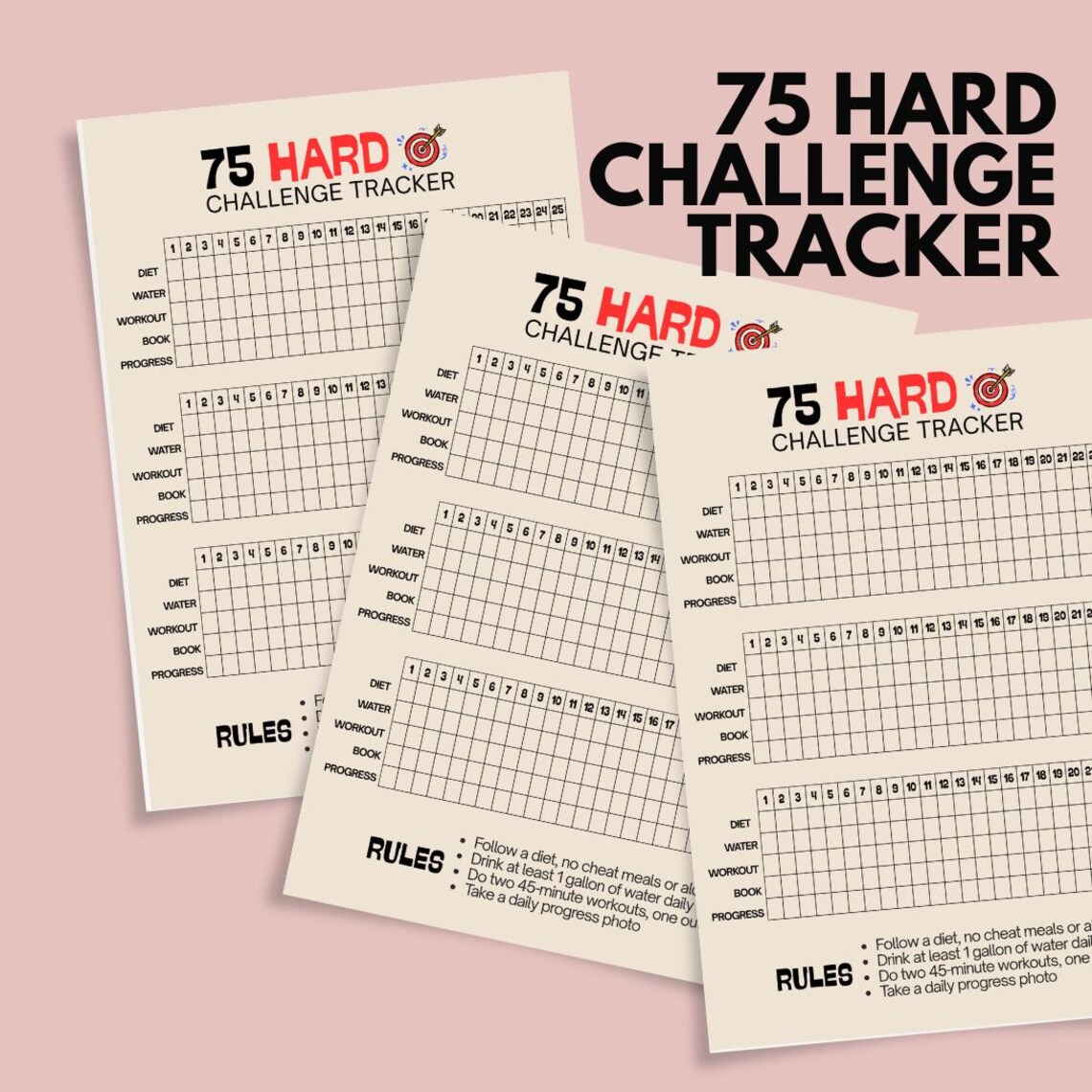 75 Hard Challenge Tracker Printable, Daily Checklist Template, Habit ...