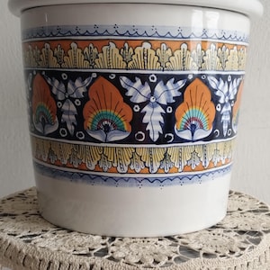 Handbemalter Keramik-Übertopf, Pfauenfeder