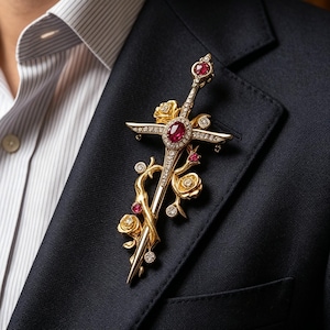 Handmade Sword and Rose Brooch, Victorian Gothic Dagger Pin, Vintage Style Gold Scabbard Jewelry, Unique Anniversary Gift for Her