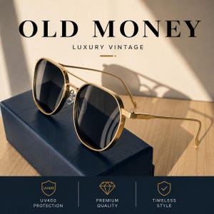 Könnte beinhalten: Goldfarbene Metallsonnenbrille mit dunklen Gläsern und Doppelsteg. Der Text OLD MONEY LUXURY VINTAGE steht darüber. Darunter zeigen Symbole UV400 PROTECTION, PREMIUM QUALITY und TIMELESS STYLE für diese Brillengestelle an.