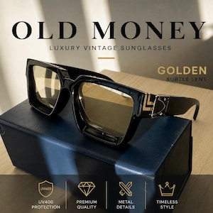 Könnte beinhalten: Schwarze Sonnenbrille mit gold getönten Gläsern und goldfarbenen Metalldetails an den Bügeln. Der Text OLD MONEY LUXURY VINTAGE SUNGLASSES, GOLDEN SUBTLE LENS, UV400 PROTECTION, PREMIUM QUALITY, METAL DETAILS und TIMELESS STYLE ist zu sehen.