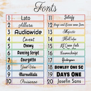 May include: A font selection chart titled Fonts, displaying twenty numbered options in two columns. Each entry features a specific typeface name written in its own style, ranging from script and cursive to bold, block, and sans-serif lettering.