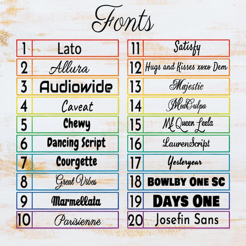May include: A font selection chart titled Fonts, displaying twenty numbered options in two columns. Each entry features a specific typeface name written in its own style, ranging from script and cursive to bold, block, and sans-serif lettering.