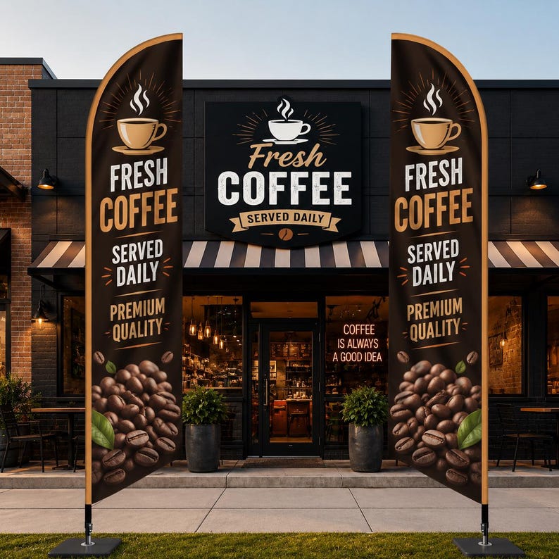 May include: Two tall, vertical feather flags flanking a coffee shop entrance, featuring a black background with a graphic of a steaming coffee cup, coffee beans, and the text "FRESH COFFEE SERVED DAILY PREMIUM QUALITY" in white and tan lettering.