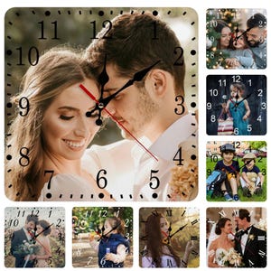 May include: Square wall clock featuring a photo of a couple embracing, with black hands and red second hand. The clock face has black numerals. Additional clocks show family photos, a child, and a wedding couple.