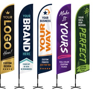 May include: Five vertical feather flags with black, navy, white, purple, and green backgrounds. Each flag features unique text including YOUR LOGO HERE, BRAND HERE, YOUR BUSINESS YOUR WAY, MAKE IT YOURS, and YOUR IDEA OUR DESIGN PERFECT.