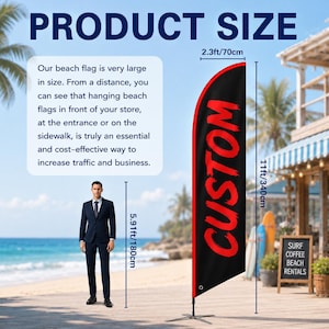 May include: A black feather-style beach flag with a red border and the word CUSTOM printed in red. The flag measures 2.3 feet wide and 11 feet tall, standing on a metal cross base. A person in a suit is shown for scale at 5.91 feet tall.