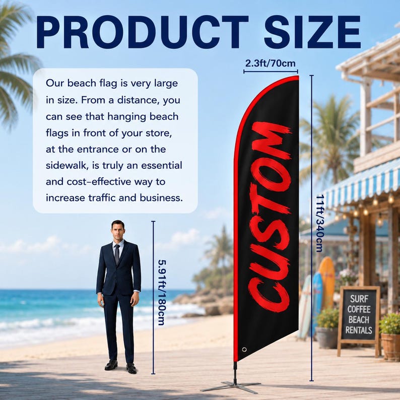 May include: A black feather-style beach flag with a red border and the word CUSTOM printed in red. The flag measures 2.3 feet wide and 11 feet tall, standing on a metal cross base. A person in a suit is shown for scale at 5.91 feet tall.