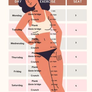 May include: A fitness plan illustration for a summer body, showing a figure demonstrating exercises. The plan details exercises like planks, glute bridges, and crunches, with sets and reps listed for each day.