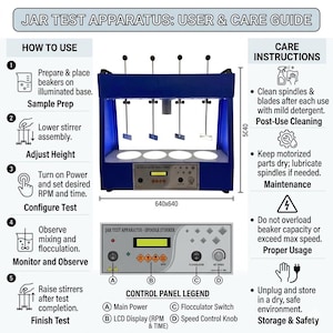 May include: A blue jar test apparatus with a control panel and four stirring spindles. The apparatus has a 640x640 mm base and includes instructions for use and care. The text on the panel reads "JAR TEST APPARATUS - SPINDLE STIRRER".