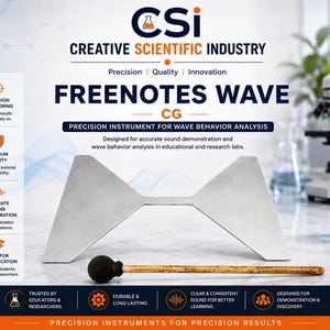 以下が含まれることがあります： 波の挙動分析用の銀色のFreenotes Wave CG精密機器と木槌。画像には「Creative Scientific Industry」、「Precision、Quality、Innovation」、および「Precision Instruments for Precision Results」というテキストが含まれています。