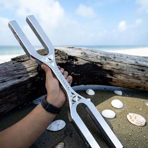 May include: A large, silver-coloured metal tuning fork with two prongs at each end. The central handle features triangular cutouts and a series of small circular indentations. Engraved text reads "Solfeggio" and "A-432Hz 3rd Eye".
