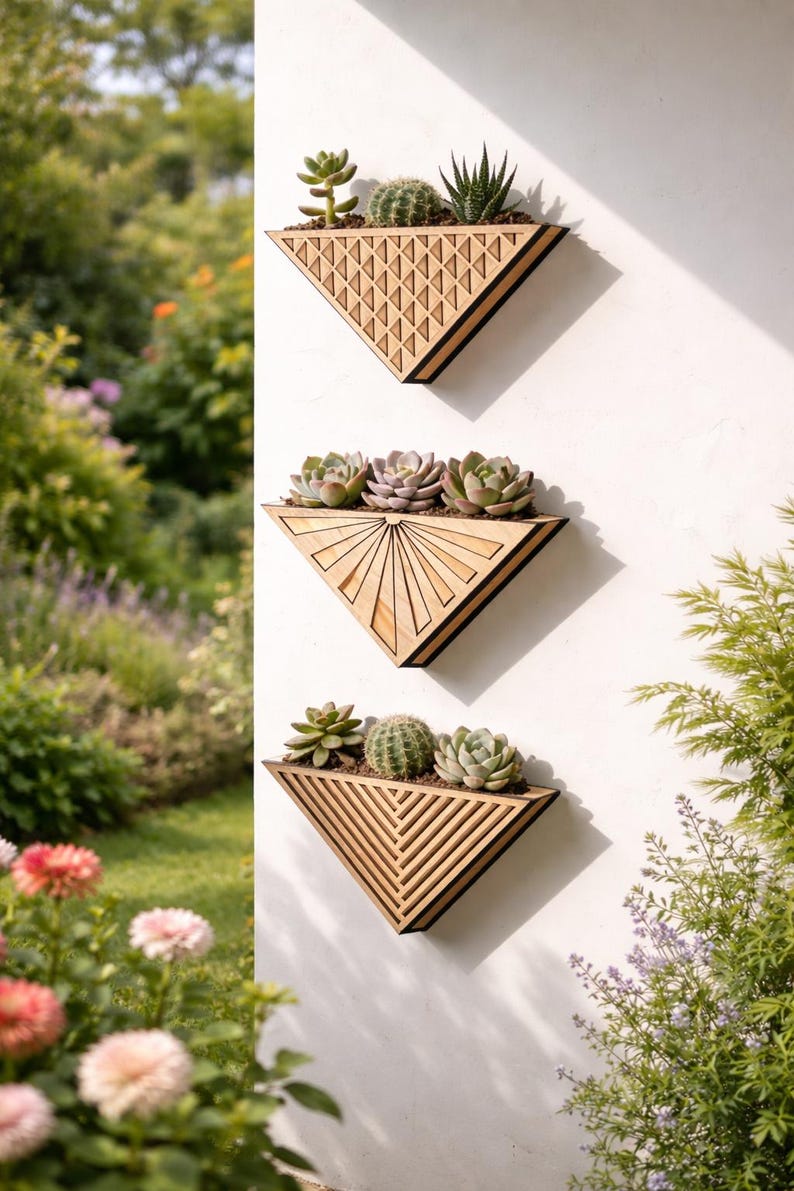 Triangular Modular Planters Geometric Wooden Triangle Wall Planter – Modern Hanging Flower Pot for ...