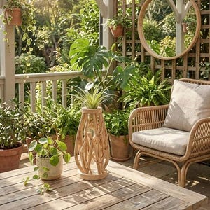 May include: A wooden outdoor patio scene with a table, chair, and decorative vase. The table is made of light-colored wood. A rattan chair with a beige cushion sits nearby. The vase is made of intertwined wooden branches. Potted plants and a round mirror complete the scene.