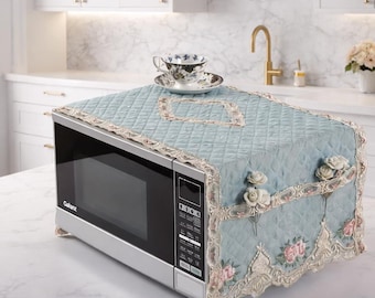 Luxury Floral Microwave Cover Quilted Dust Protector Cotton-Padded Washable Universal Fit Elegant Appliance Cover