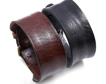 Men's Wide Cowhide Leather Cuff Bracelet, Punk Rock Adjustable Wristband (Black/Brown)