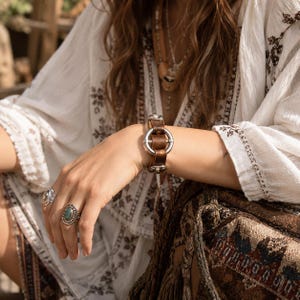 Brown Leather Punk Bracelet, Vintage Metal Ring Cuff, Bohemian Style Accessory