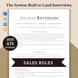 May include: A resume template with the name "Thomas Reynolds" and the title "Senior Account Executive." The document includes sections for professional summary, core competencies, and sales roles. The text "2026 ATS Optimized" is visible.