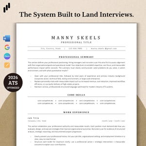 Puede incluir: Una plantilla de currículum vitae con el texto "The System Built to Land Interviews". El currículum incluye secciones para el resumen profesional, las habilidades principales y la experiencia laboral. La plantilla está optimizada para ATS 2026.