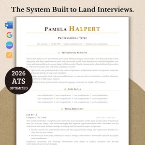 May include: A resume template with the name "Pamela Halpert" in gold lettering. The document includes sections for professional summary, core skills, and work experience. The text "2026 ATS OPTIMIZED" is in a black circle.