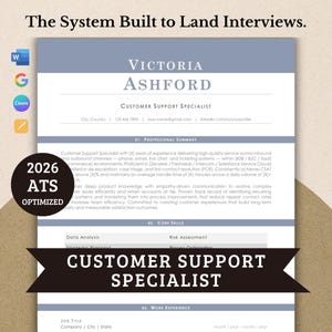 Può includere: Un modello di curriculum per un Customer Support Specialist, con un design azzurro chiaro e bianco. Il documento include sezioni per il riepilogo professionale, le competenze chiave e l'esperienza lavorativa. Il testo "2026 ATS OPTIMIZED" è visibile.