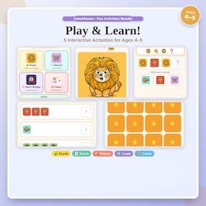 May include: A digital activity bundle titled CalmMamas Play & Learn for ages 4-5, featuring five interactive tasks including puzzles, matching, pattern recognition, counting, and coloring with illustrations of a lion, pizza, and butterfly.