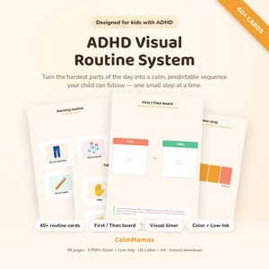 May include: An ADHD visual routine system featuring 40+ cards, a First/Then board, and a visual timer. The printable set includes 38 pages in color and low-ink versions, formatted for US Letter and A4 paper, designed to help children follow daily tasks.