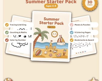 Sommeraktivitätspaket für Kinder im Alter von 4-6 | Thema Strand Thema Vorschule Arbeitsheft (PDF Download)